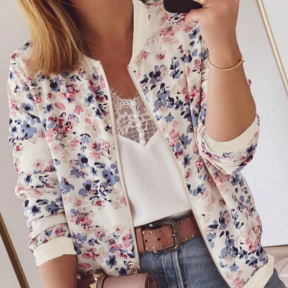 Apricot Casual Women's Floral Print Zip-Up Jacket